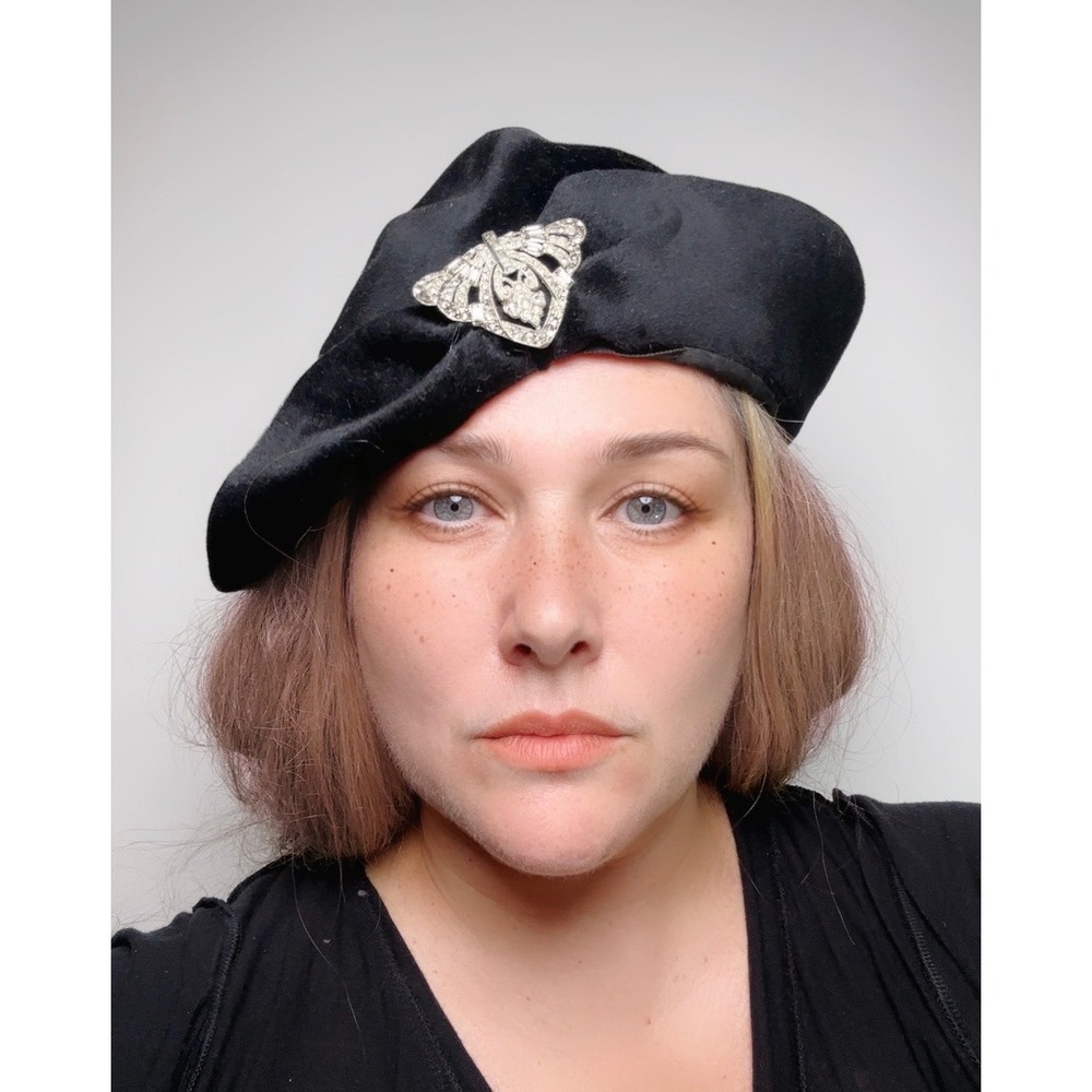 Vintage 1930s Black Felt Tilt Hat Art Deco Rhinestone Clip Butterfly MadHat